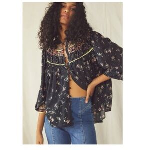 Free People Paloma Floral BlackYellow Boho Womens Blouse‎ Like New Cottagecore